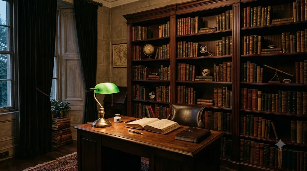 Dark academia bookshelf with leather-bound books, vintage brass lamp, and rich wood tones