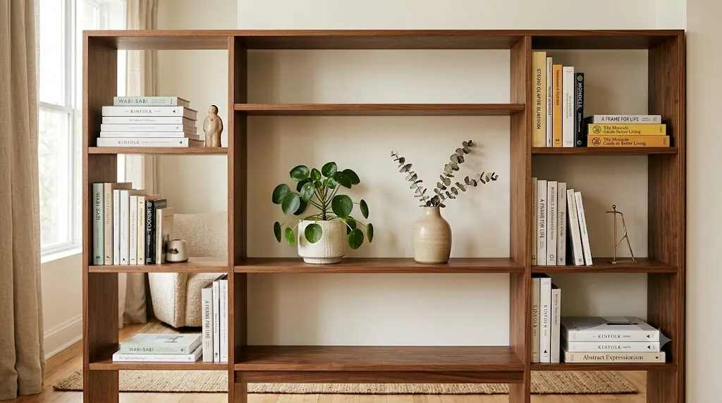 Bookshelf with intentional empty space providing visual breathing room for a video backdrop